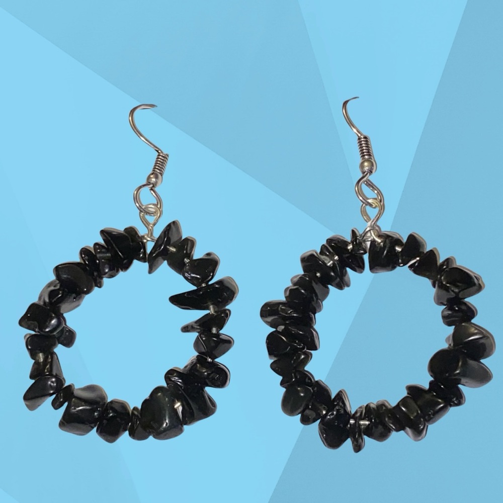 Hand Crafted Earrings Obsidian Chip Dangle Hoop Black Gem Stone Boho Pierced